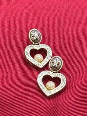 Brighton Silver-Plated Heart Dangle Post Earrings Faux Pearl Accents